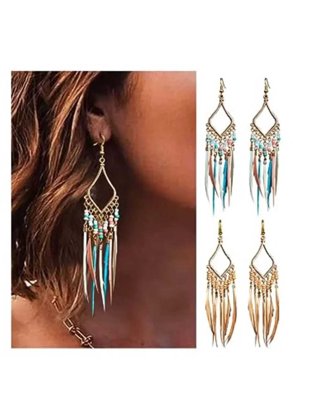 New - Bead‎ Earrings Set Feather Tassel Gold Boho Ethnic Retro Bohemian Dangle